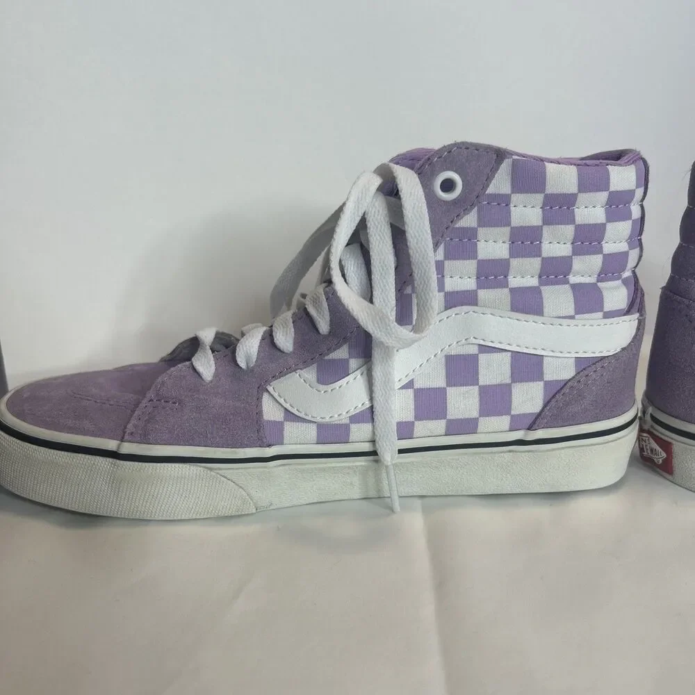 VANS women’s High Top Lace-Up Sneakers US 7.5  Purple/White Check Pre-Owned